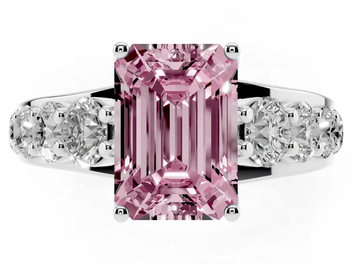 Fancy Pink Emerald Cut Diamond Engagement Ring with Pavé Band and Four-Prong Setting Silver