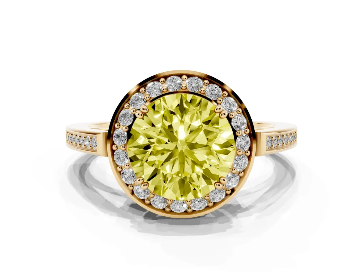 Fancy Yellow Round Cut Diamond Halo Ring with Split Shank and Four-Prong Setting Yellow gold