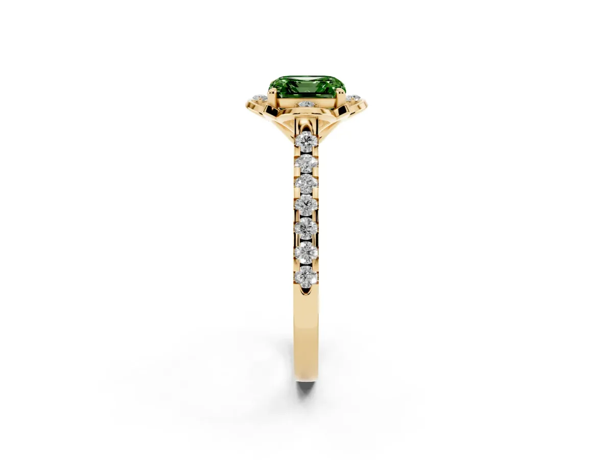 Fancy Green Asscher Cut Diamond Ring with Pavé Band and Floral Prong Setting Yellow gold