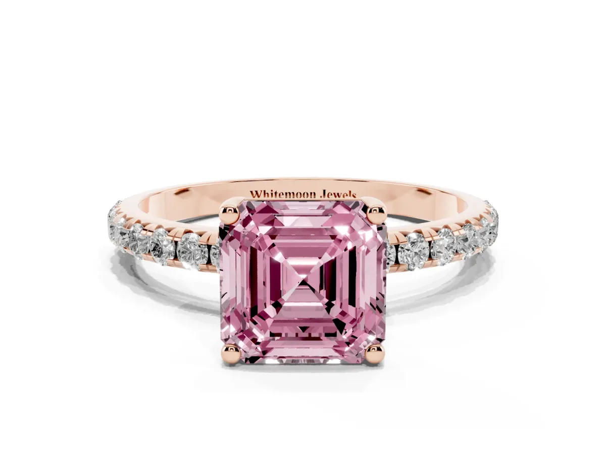 Fancy Pink Asscher Cut Cut Diamond Solitaire Ring with Micro Pave Band and Four Prong Setting Rose gold