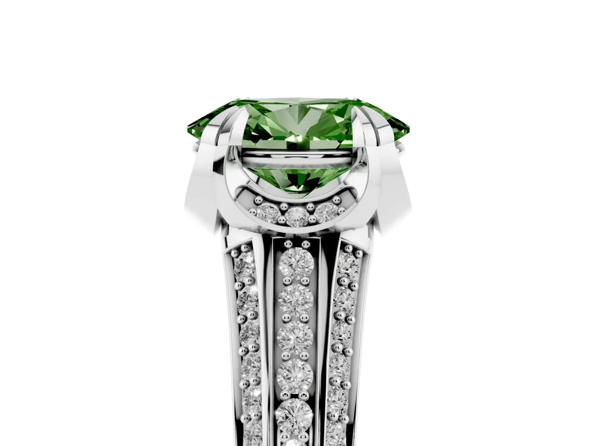 Fancy Green Oval Cut Solitaire Pave Split Shank Ring with Four-Prong Setting Platinum