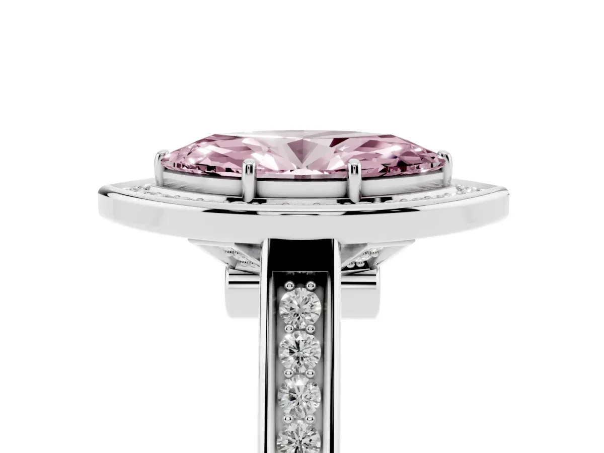 Fancy Pink Marquise Cut Halo Solitaire Diamond Ring with Pave Band and Bezel Setting White gold