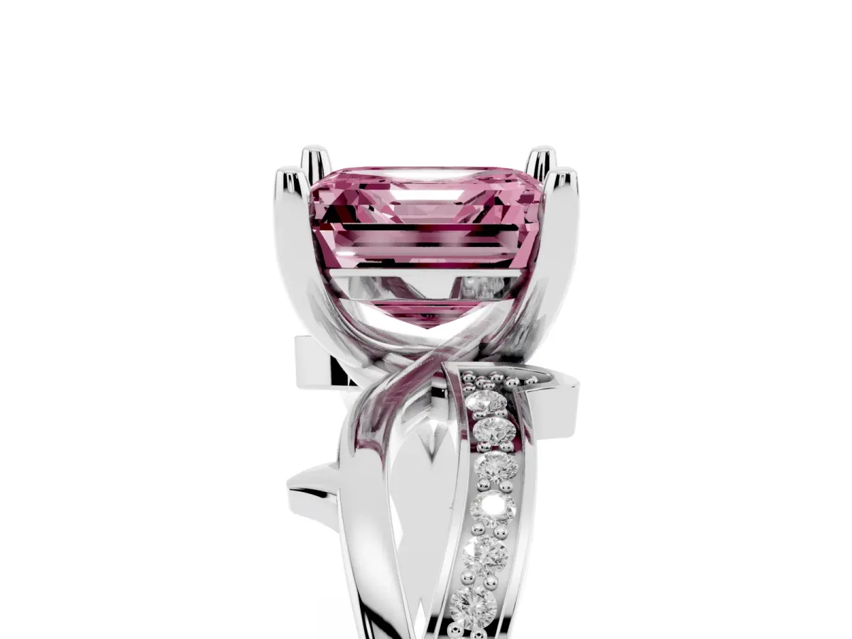 Fancy Pink Asscher Cut Solitaire Twist Band with Pavé Accents and Four-Prong Setting Platinum