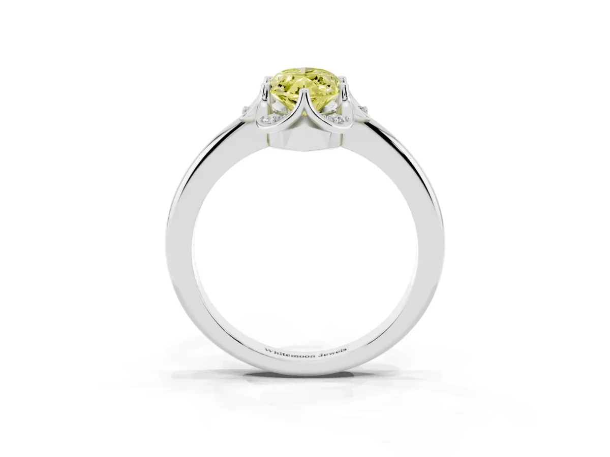 Fancy Yellow Marquise Cut Halo Diamond Ring with Round Cluster Setting, Solitaire Band, and Four-Prong Setting White gold