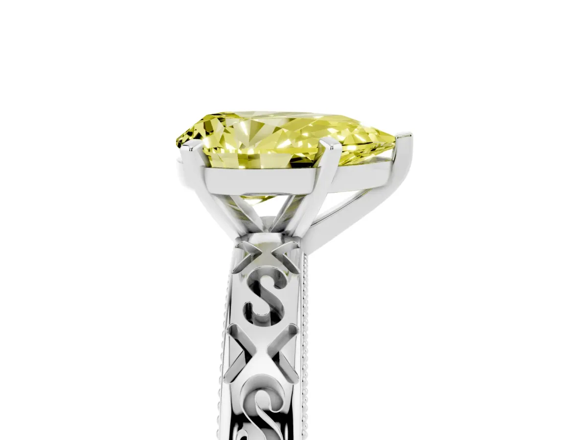 Fancy Yellow Pear Cut Solitaire Engagement Ring with Scrollwork Band and Four-Prong Setting Silver