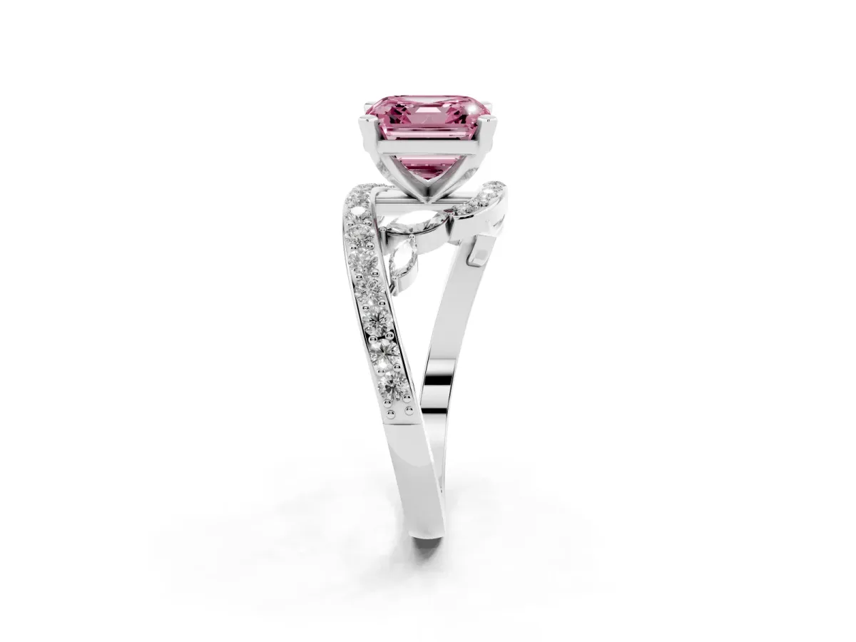 Fancy Pink Asscher Cut Solitaire with Pavé Twist Band and Four-Prong Setting Platinum