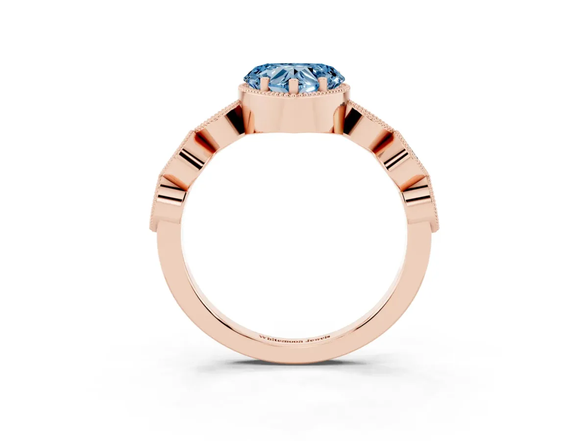 Fancy Blue Heart Cut Diamond Vintage Milgrain Ring with Round Stations Rose gold