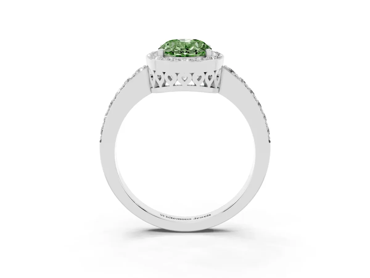 Fancy Green Oval Cut Halo Diamond Pavé Band Ring with Prong Setting Silver
