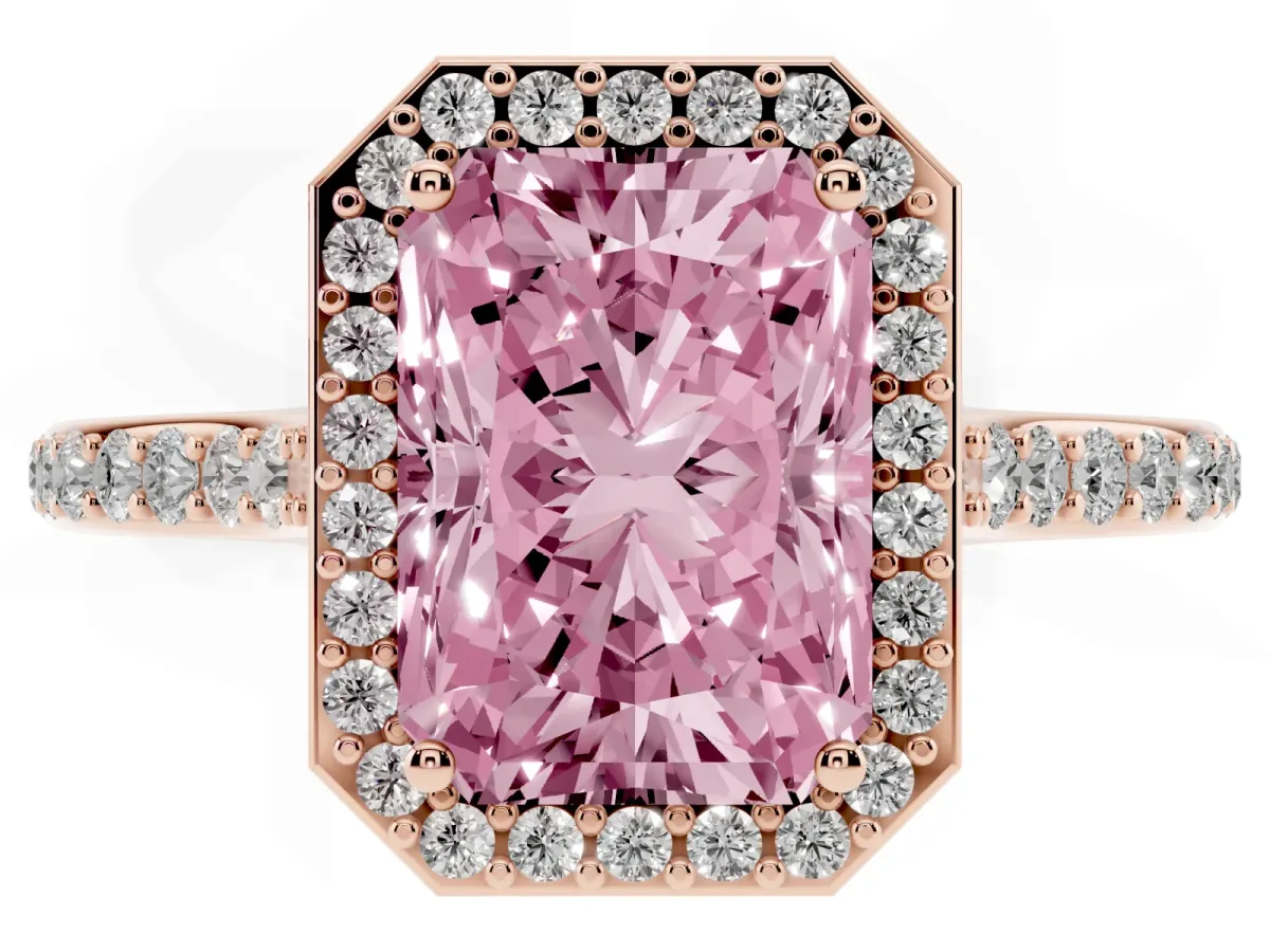 Fancy Pink Radiant Cut Diamond Halo Engagement Ring with Round Pavé Shoulders and Prong Setting Rose gold