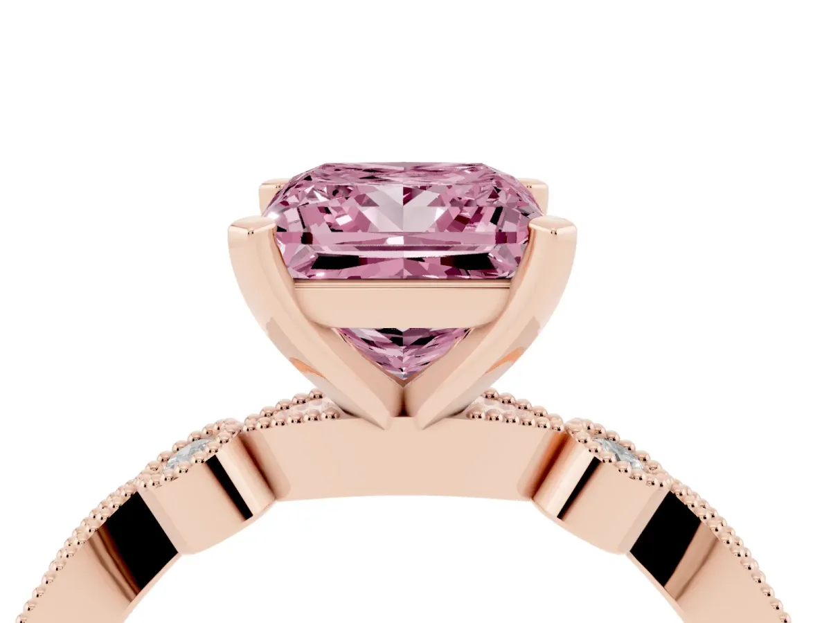 Fancy Pink Princess Cut Milgrain Bezel Diamond Engagement Ring with Solitaire Prong Setting Rose gold