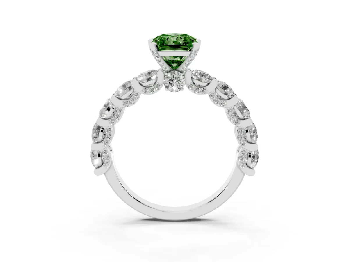 Fancy Green Radiant Cut Diamond Side Stone Engagement Ring with Four-Prong Setting Silver