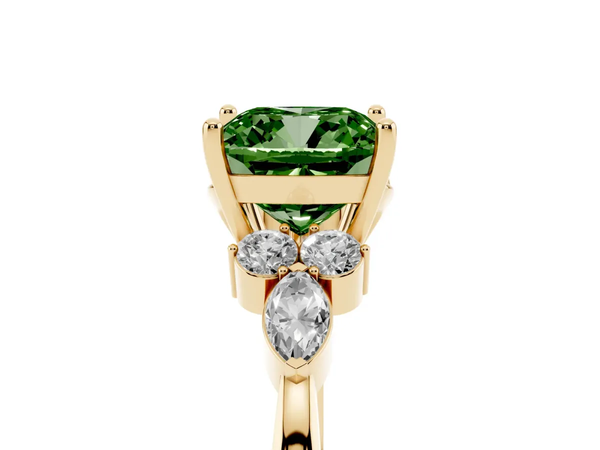 Fancy Green Cushion Cut Brilliant Diamond Solitaire Ring with Pear Side Stones and Four-Prong Setting Yellow gold