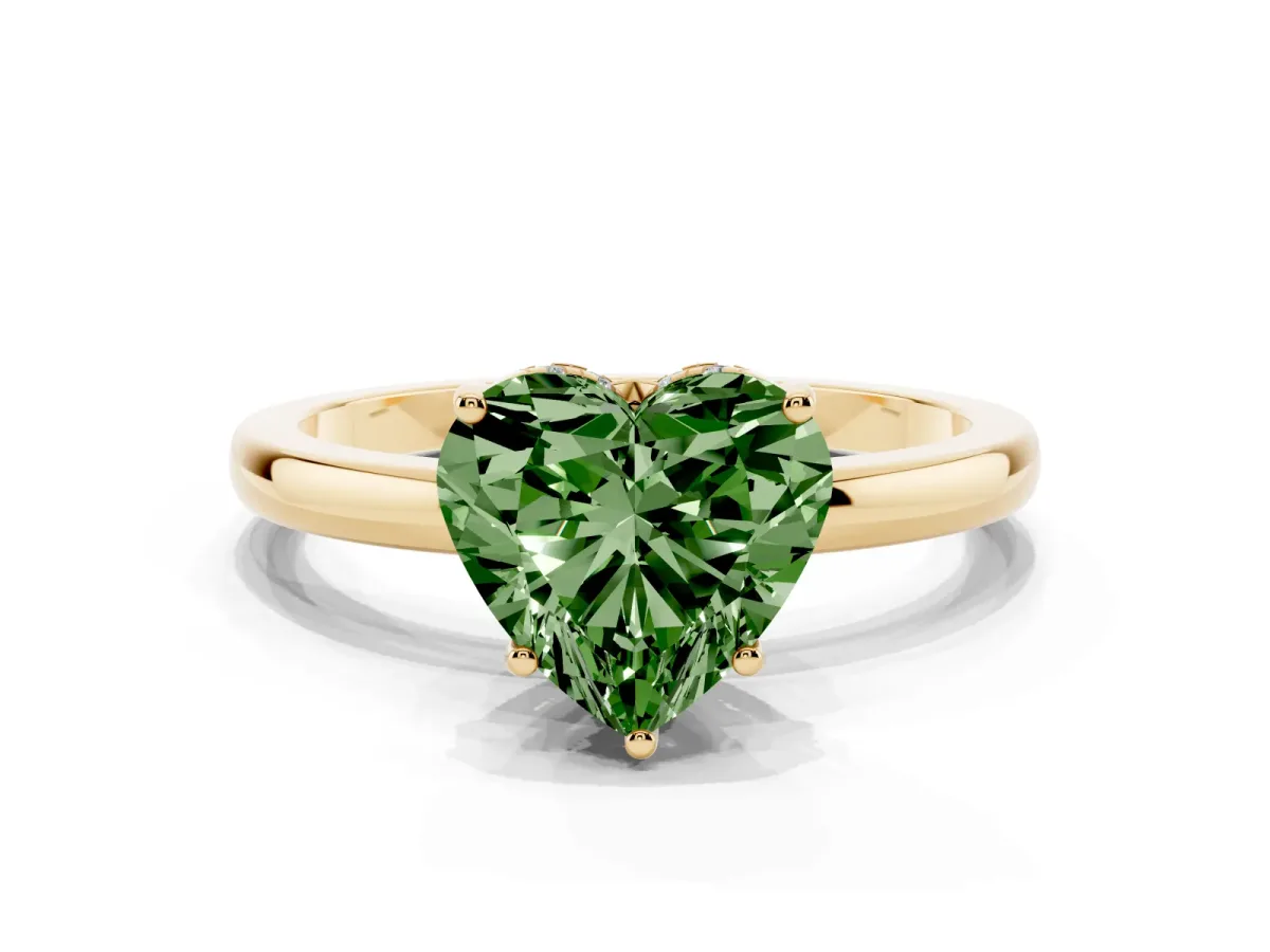 Fancy Green Heart Cut Solitaire Diamond Ring with Prong Setting and Plain Band Yellow gold