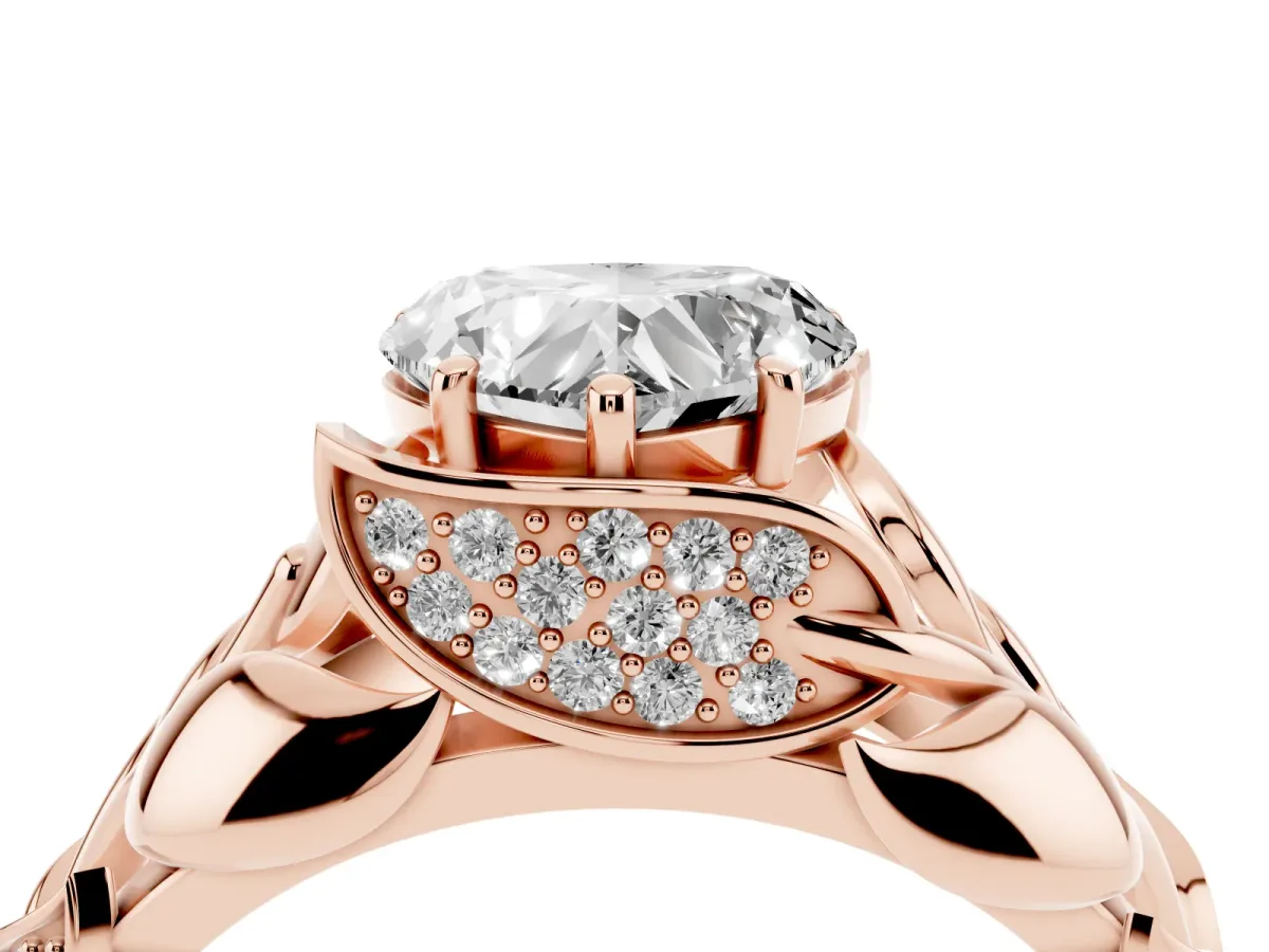 Heart Cut Diamond Leaf-Inspired Engagement Ring with Round Accents and Prong Setting Rose gold