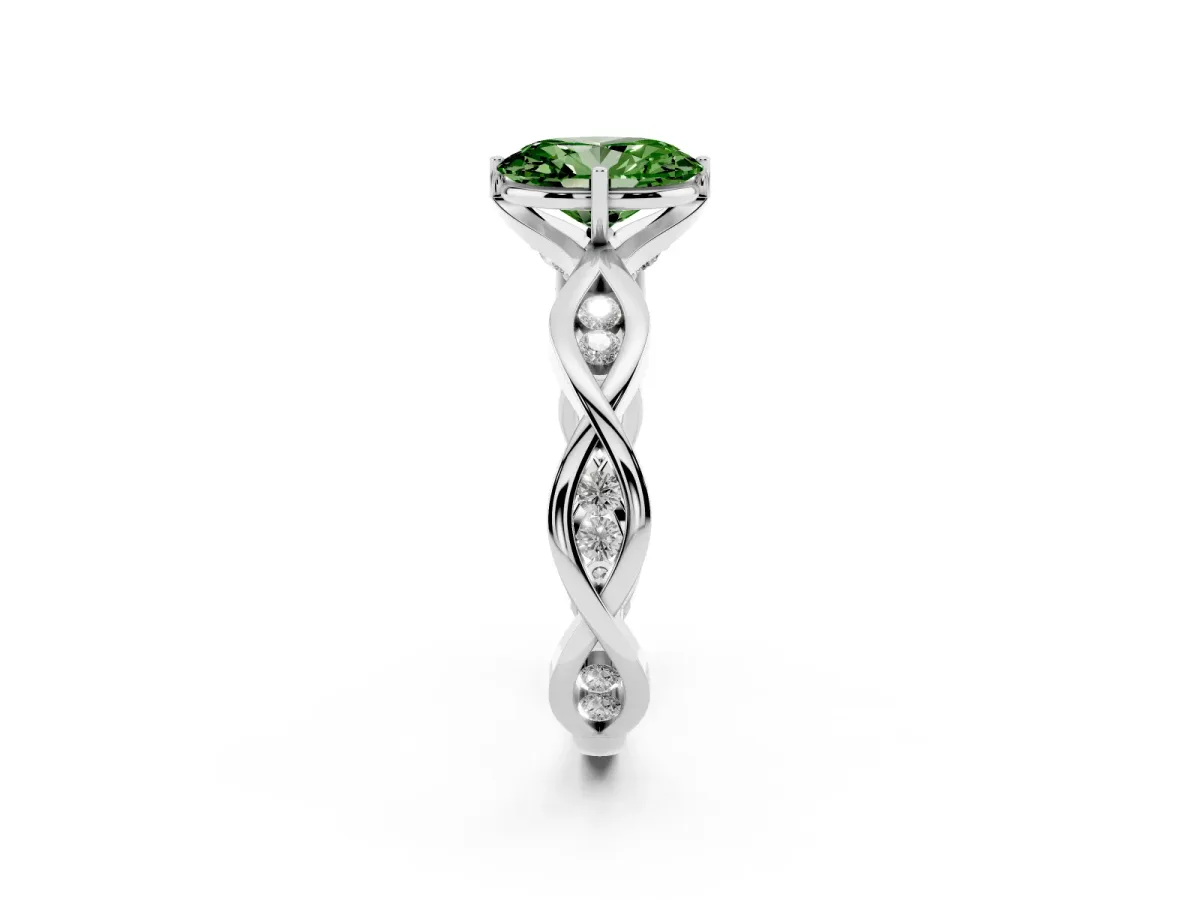 Fancy Green Oval Cut Solitaire Twist Band with Leaf Prong Setting Platinum