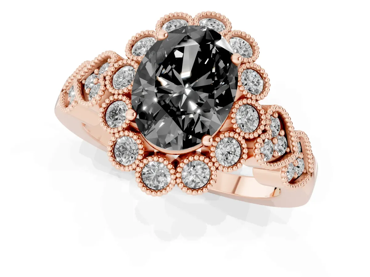 Fancy Black Oval Cut Brilliant Milgrain Pave Heart Band Solitaire Ring Rose gold