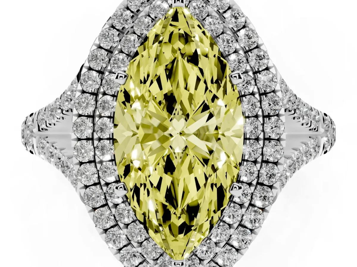 Fancy Yellow Marquise Cut Diamond Pavé Split Shank Double Halo Engagement Ring Silver