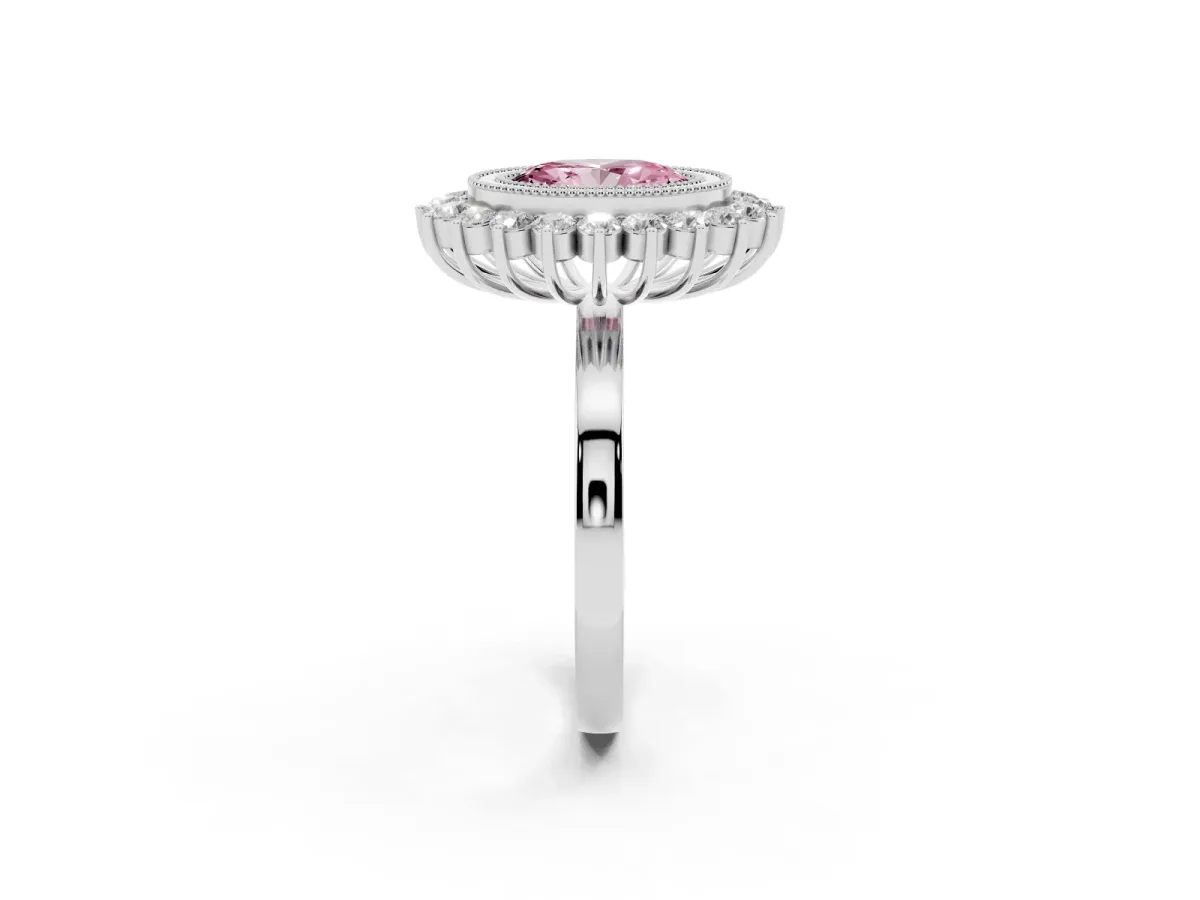 Fancy Pink Oval Cut Halo Diamond Ring with Milgrain Edge and Round Prong Setting Silver