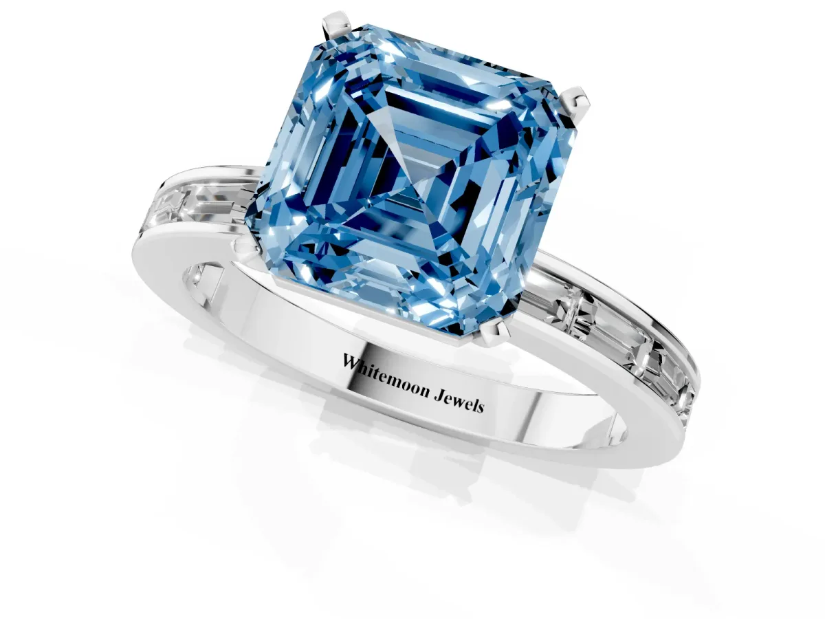 Fancy Blue Asscher Cut Solitaire Diamond Ring with Channel-Set Baguette Band and Four-Prong Setting Silver
