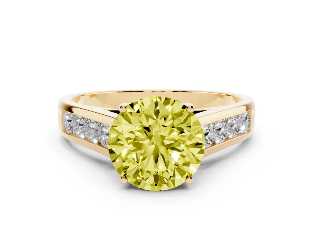 Fancy Yellow Round Cut Solitaire Channel-Set Diamond Engagement Ring with Four-Prong Setting Yellow gold