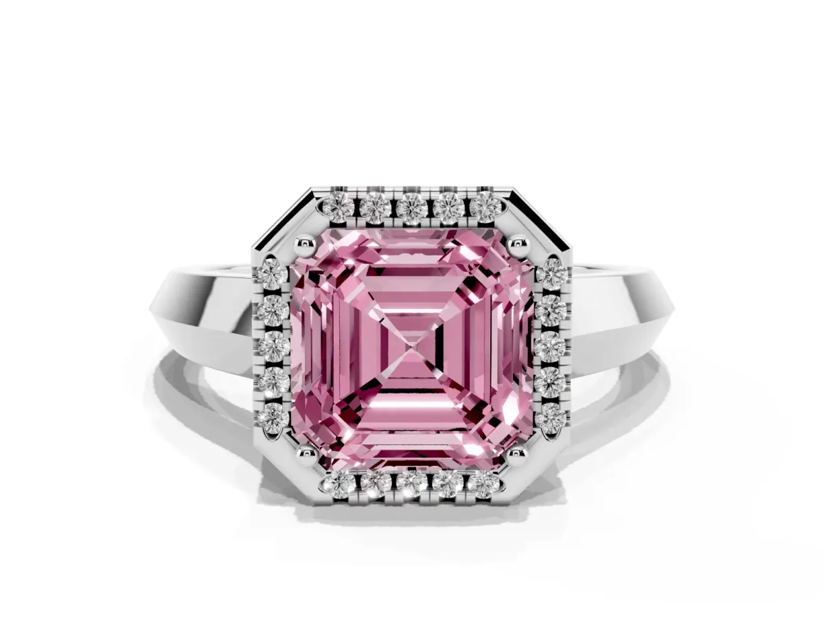 Fancy Pink Asscher Cut Halo Diamond Ring with Cathedral Band and Four-Prong Setting White gold