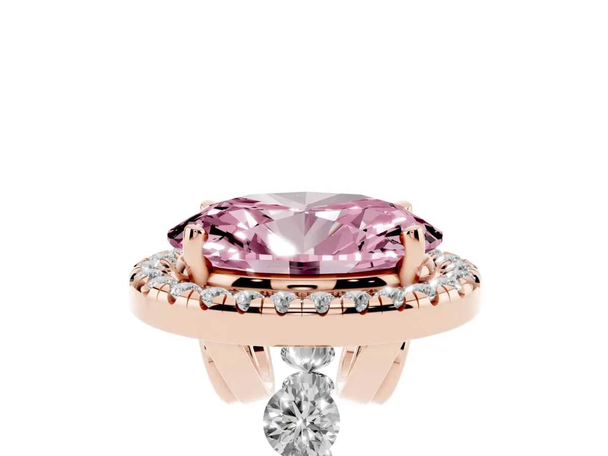 Fancy Pink Oval Cut Halo Pavé Diamond Engagement Ring with Four-Prong Setting Rose gold