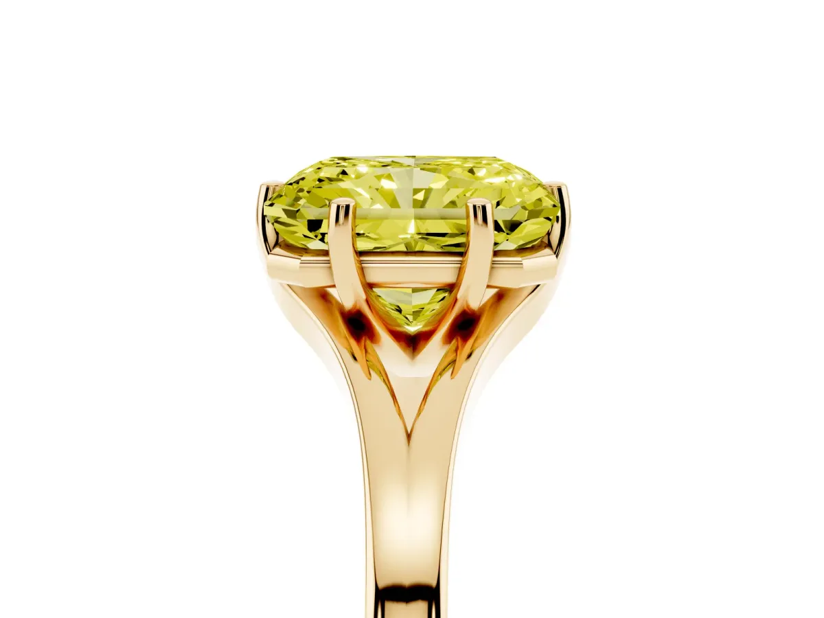 Fancy Yellow Radiant Cut Solitaire Diamond Ring with Six-Prong Setting and Tapered Band Yellow gold