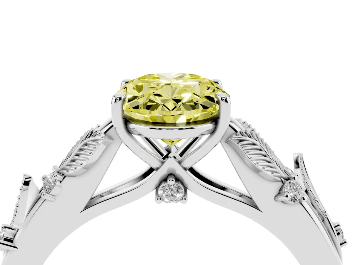 Fancy Yellow Oval Cut Diamond Solitaire Ring with Leaf Motif Band and Four-Prong Setting Silver