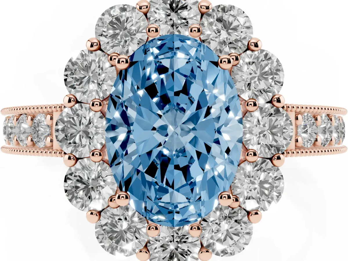 Fancy Blue Oval Cut Cut Halo Diamond Pavé Engagement Ring with Milgrain Detailing Rose gold