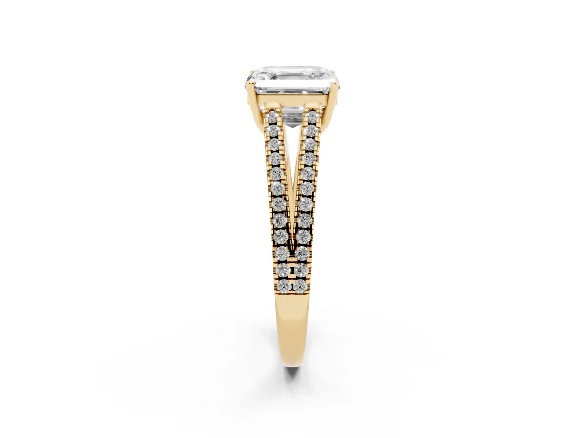 Asscher Cut Diamond Solitaire Engagement Ring with Split Shank Pavé Band Yellow gold