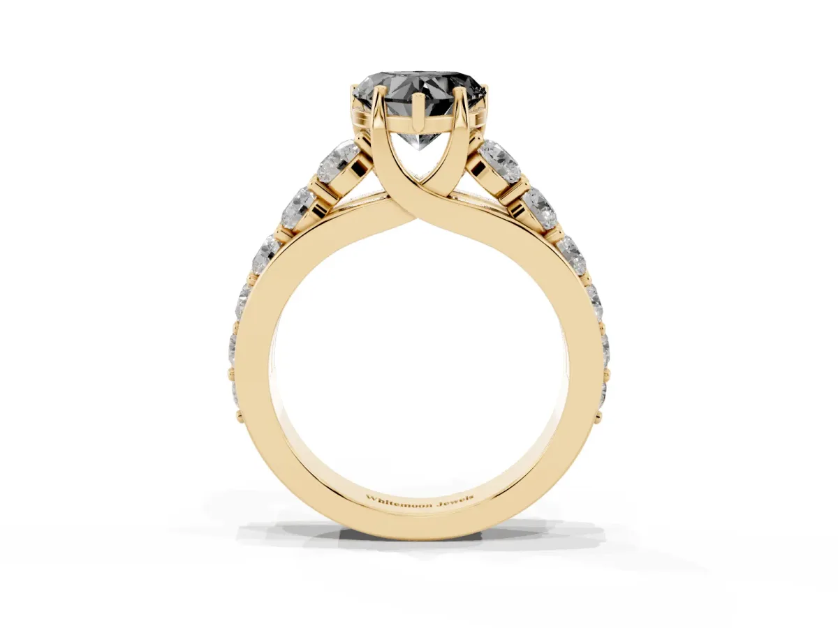 Fancy Black Heart Cut Diamond Engagement Ring with Pavé Band and Four-Prong Setting Yellow gold