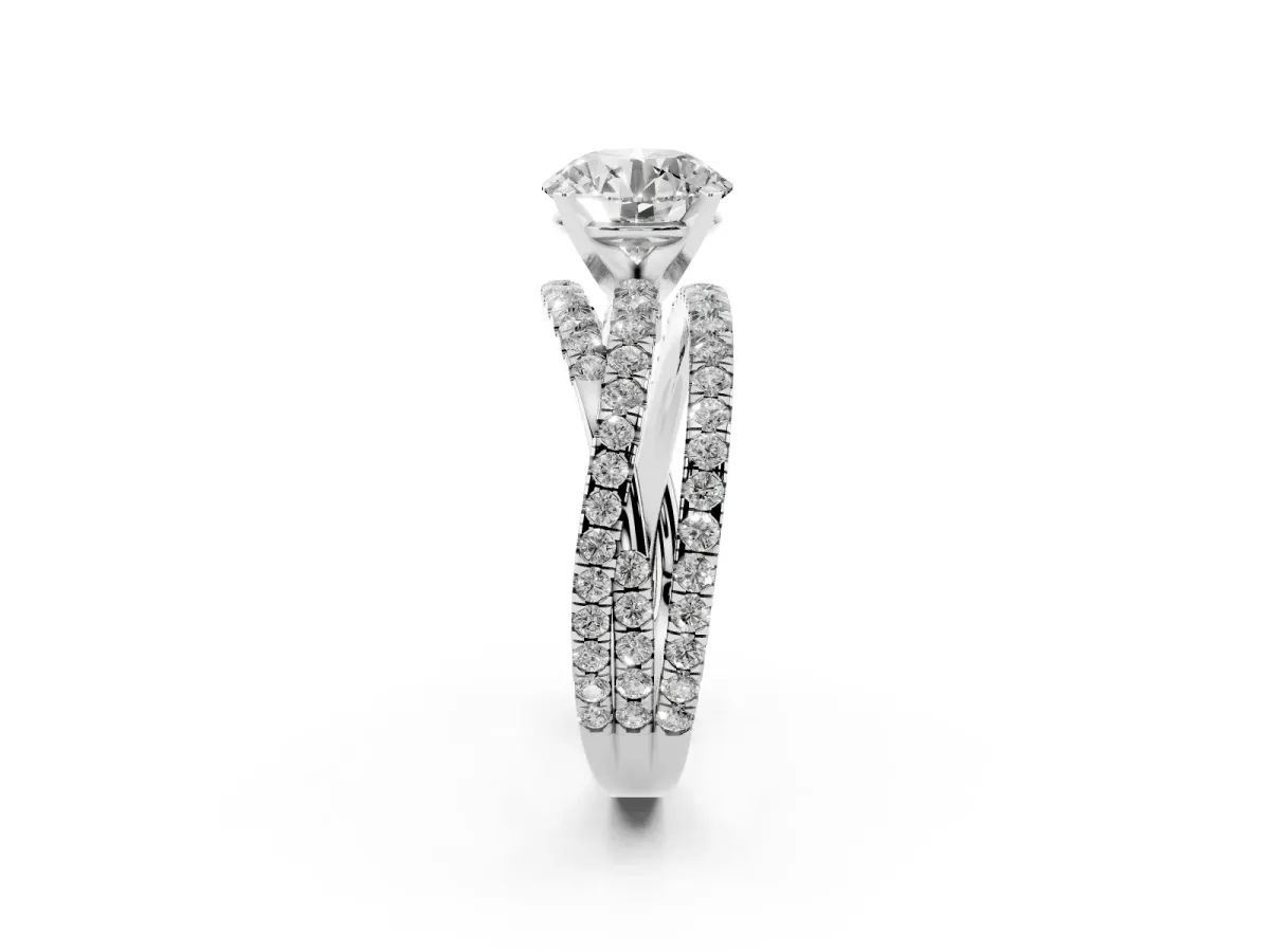 Round Cut Solitaire Twist Band with Pavé Setting and Four-Prong Setting Silver