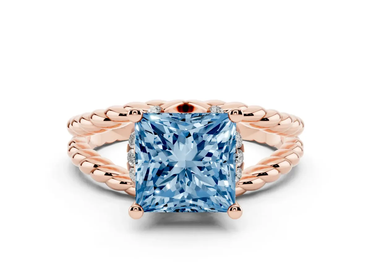Fancy Blue Princess Cut Halo Twisted Band Four-Prong Ring Rose gold
