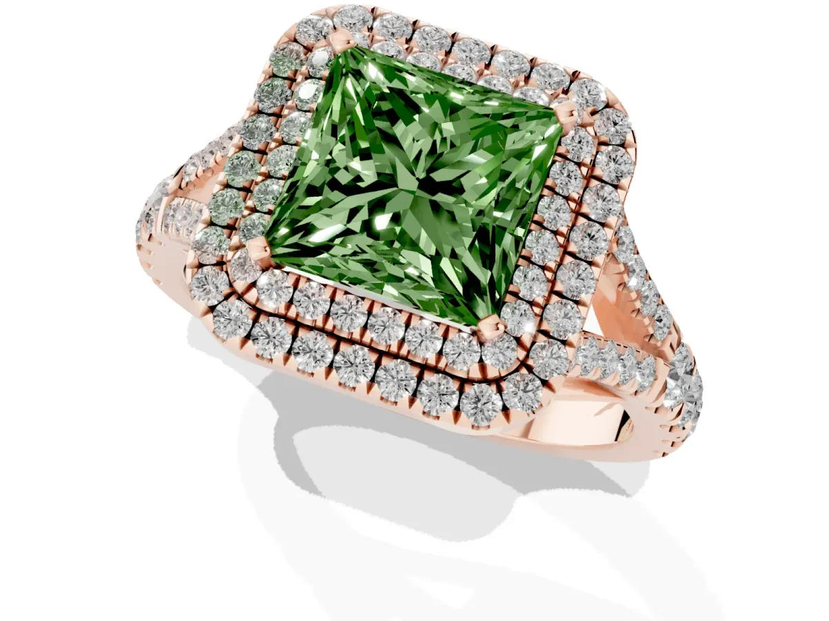 Fancy Green Double Halo Princess Cut Diamond Split Shank Engagement Ring with Four-Prong Setting Rose gold
