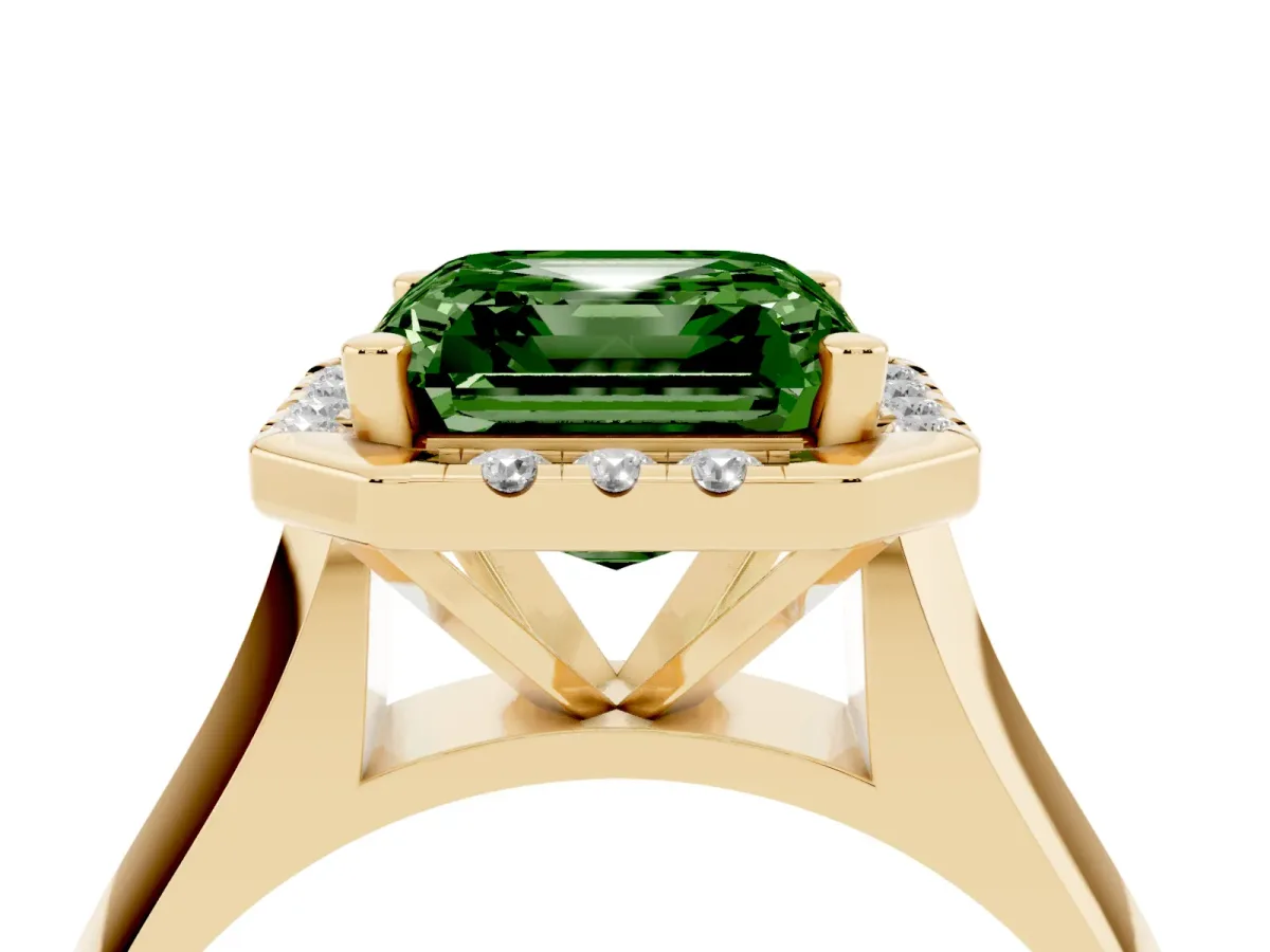 Fancy Green Asscher Cut Cut Halo Solitaire Engagement Ring with Square Band and Four-Prong Setting Yellow gold