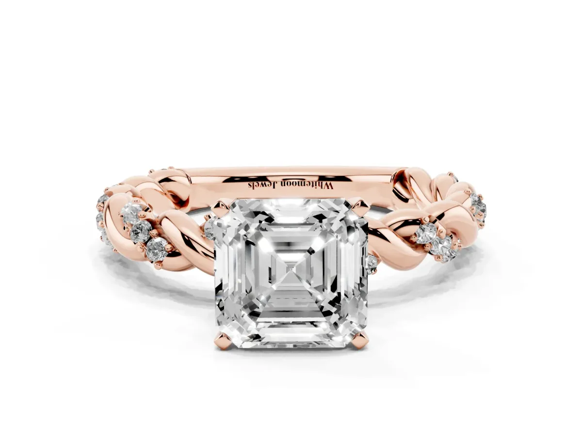 Asscher Cut Diamond Solitaire Ring with Twisted Band and Pavé Accents Rose gold