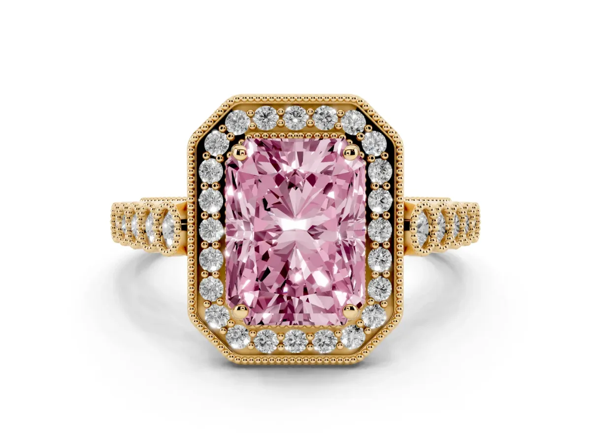 Fancy Pink Radiant Cut Halo Milgrain Solitaire with Bezel Set Side Stones and Pave Band Yellow gold