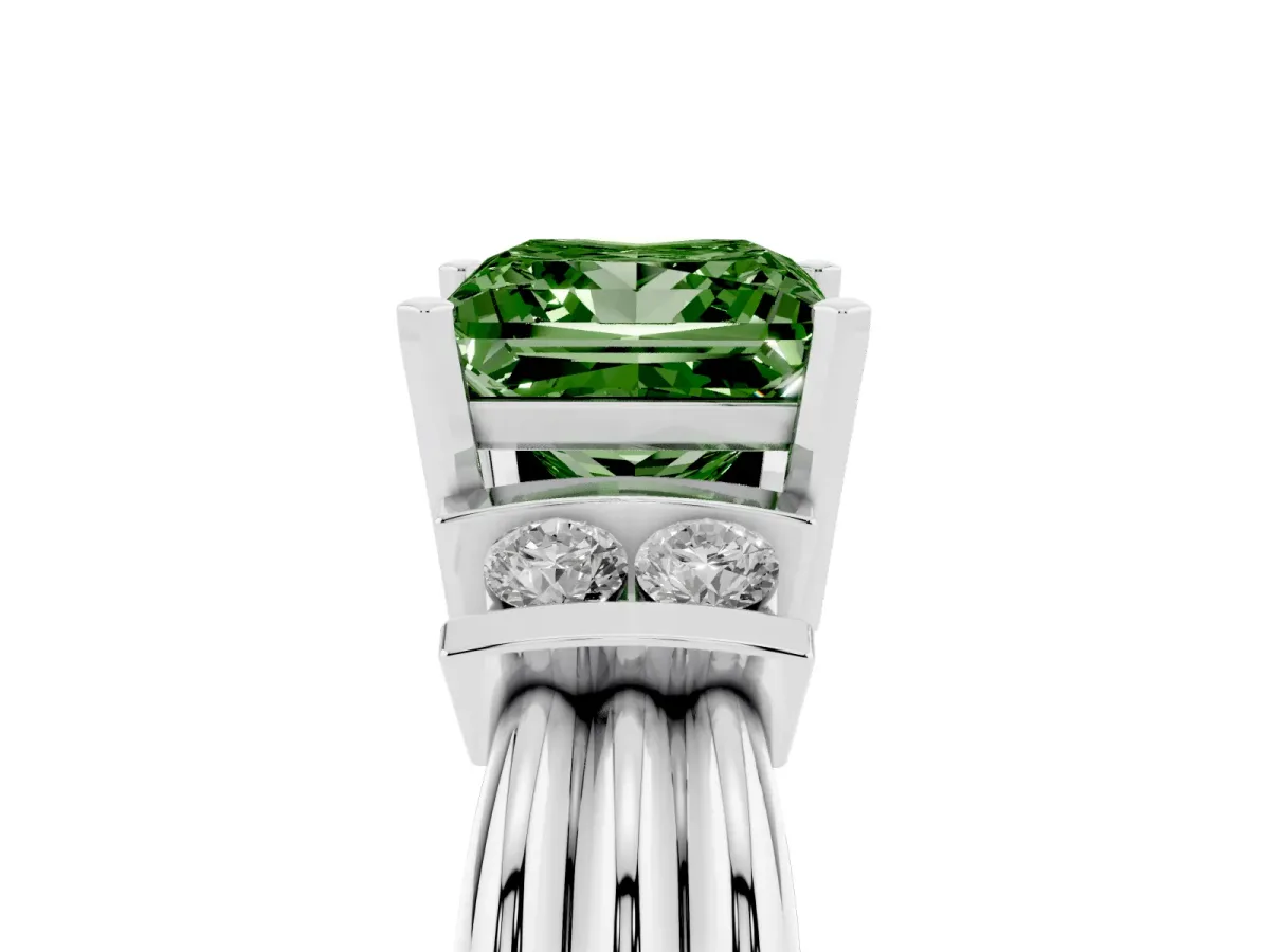 Fancy Green Princess Cut Cut Three-Stone Channel Set Ring with Bar Prongs Silver