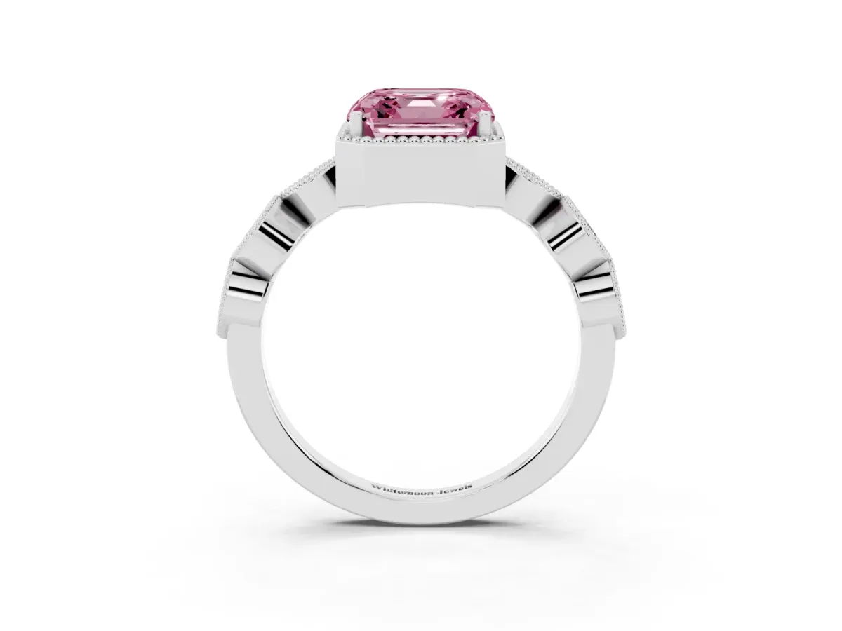 Fancy Pink Asscher Cut Diamond Vintage Milgrain Ring with Round Stations Platinum