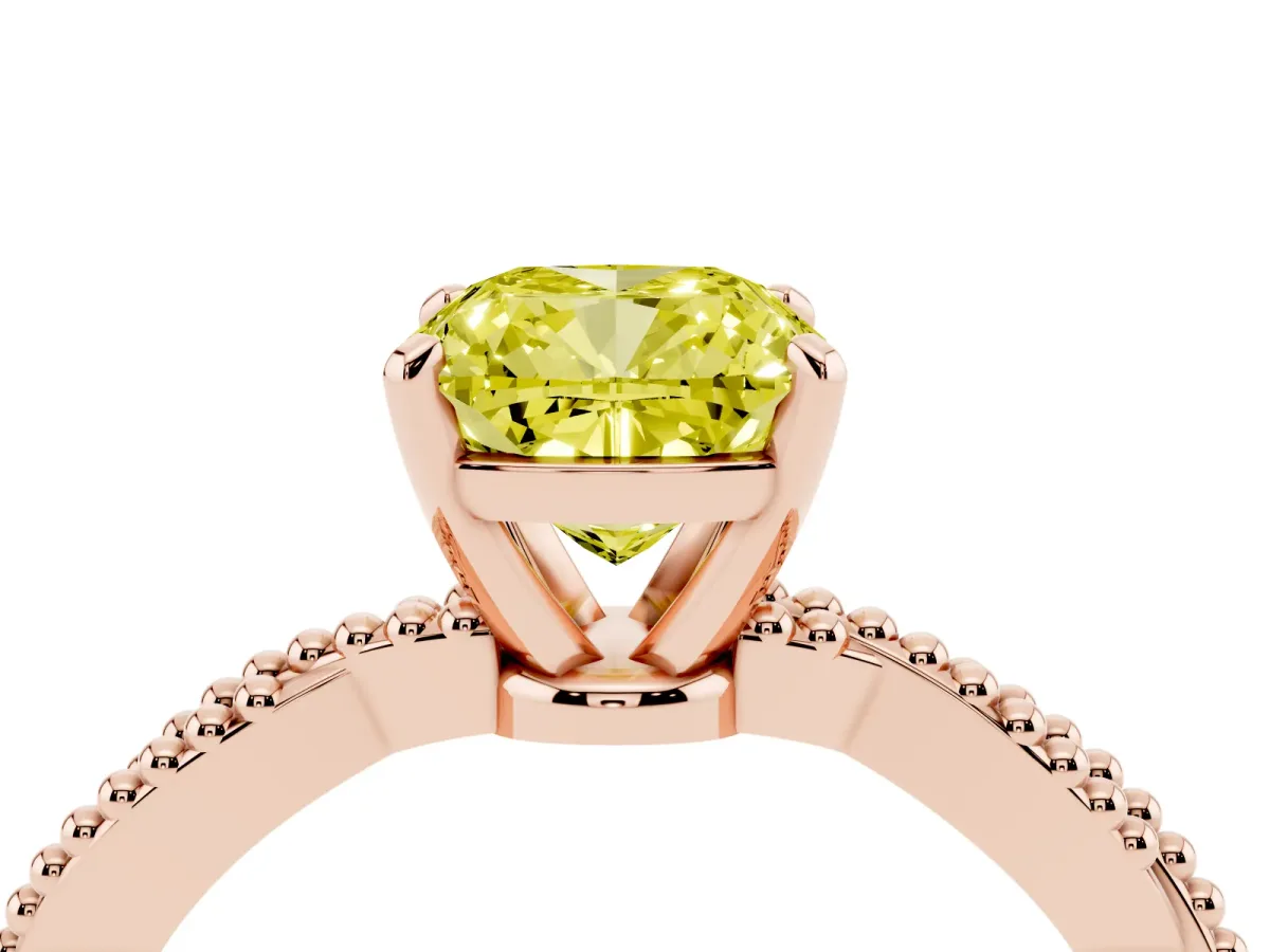 Fancy Yellow Cushion Cut Solitaire Twisted Band with Bead Prong Setting Rose gold