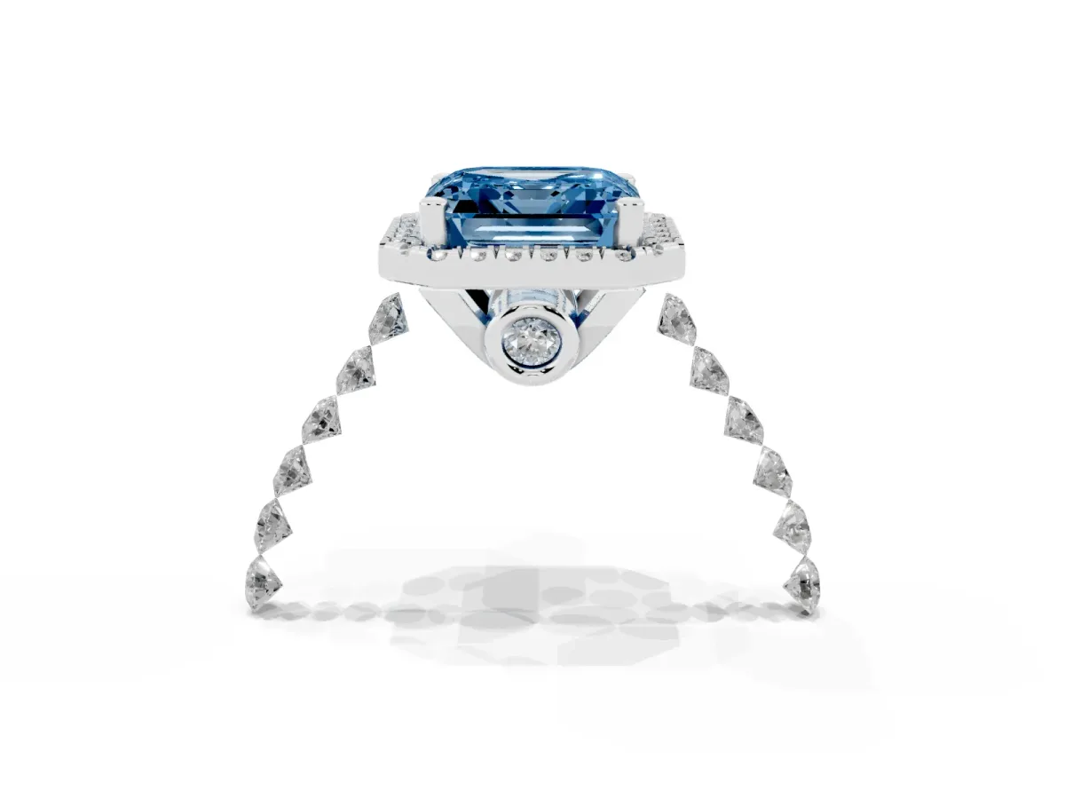 Fancy Blue Asscher Cut Halo Pavé Diamond Engagement Ring with Four-Prong Setting Silver