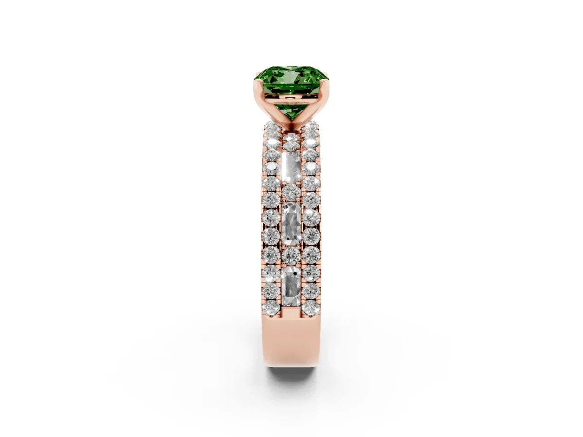 Fancy Green Cushion Cut Diamond Solitaire Ring with Pavé and Channel Set Band Rose gold