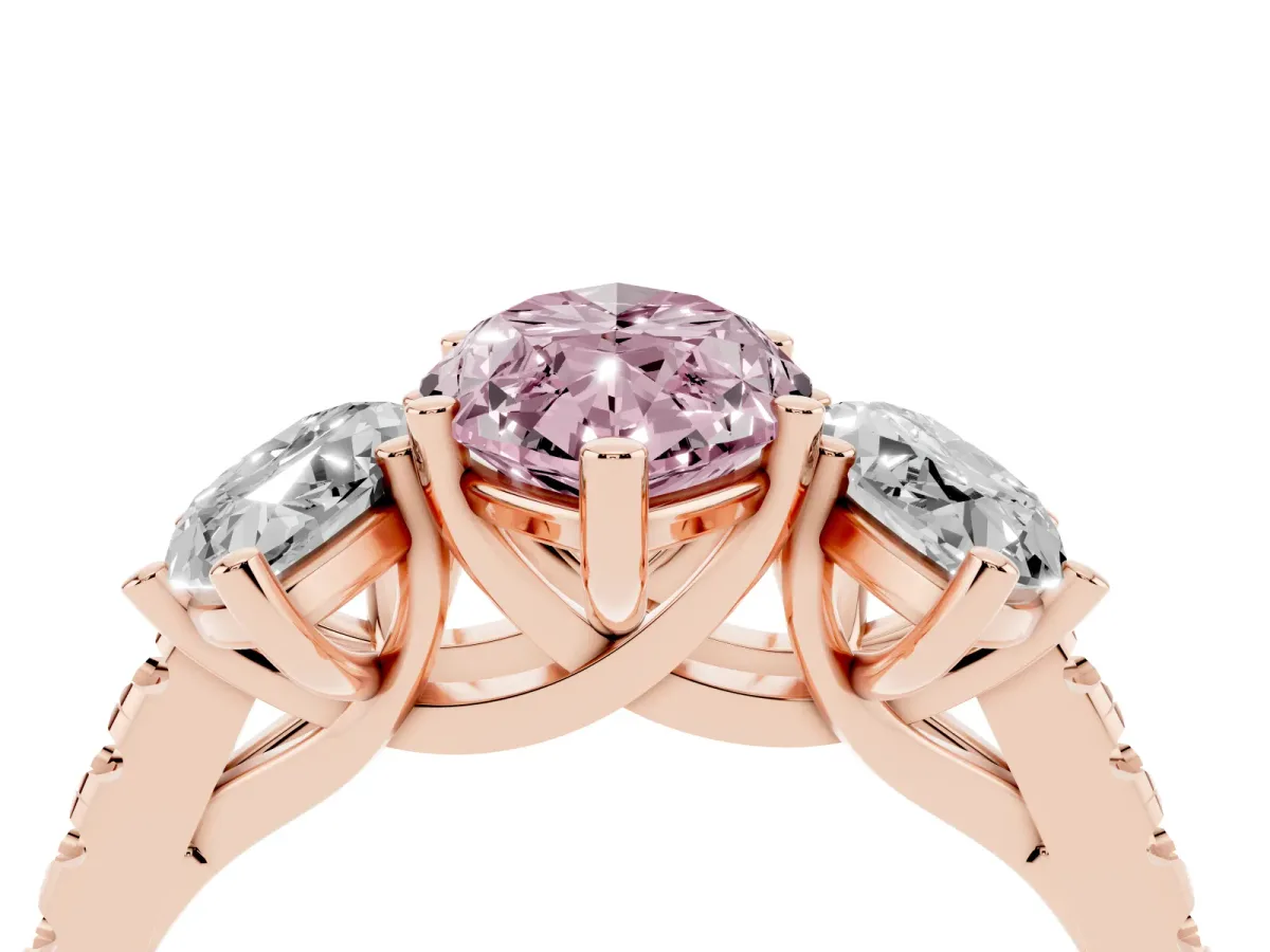 Fancy Pink Three-Stone Marquise Cut Diamond Ring with Round Pavé Band and Prong Setting Rose gold