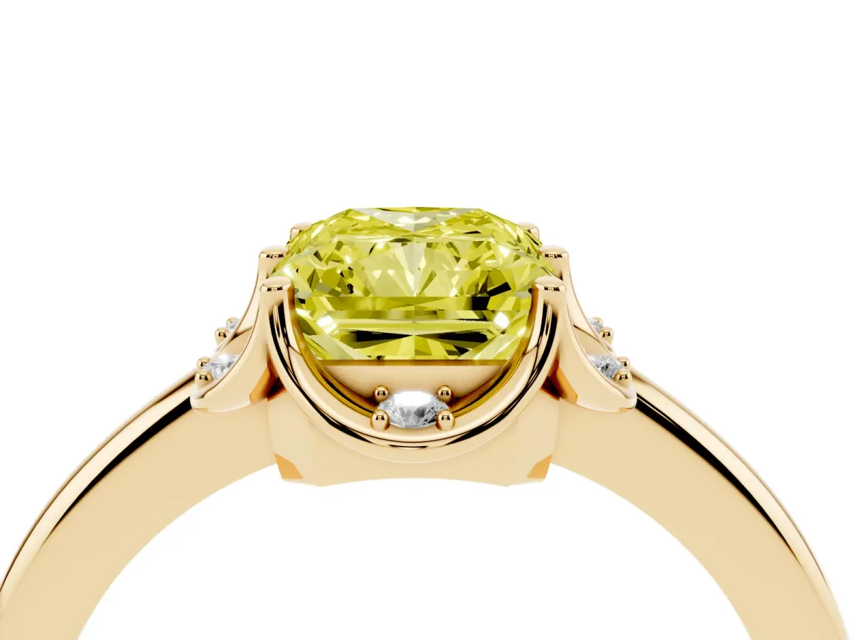 Fancy Yellow Radiant Cut Halo Diamond Ring with Round Cluster Setting, Solitaire Band, and Four-Prong Setting Yellow gold