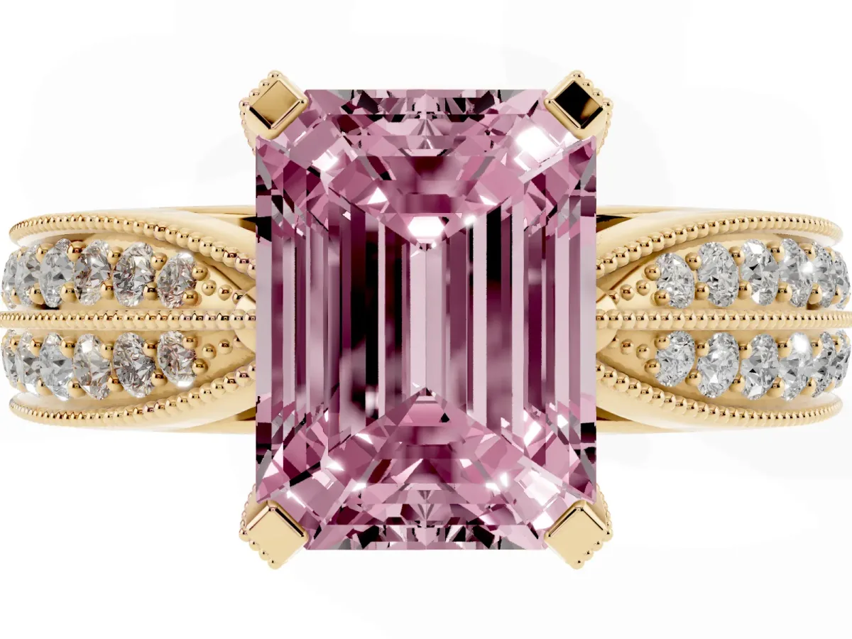 Fancy Pink Emerald Cut Diamond Solitaire Ring with Milgrain Round Pavé Band and Prong Setting Yellow gold