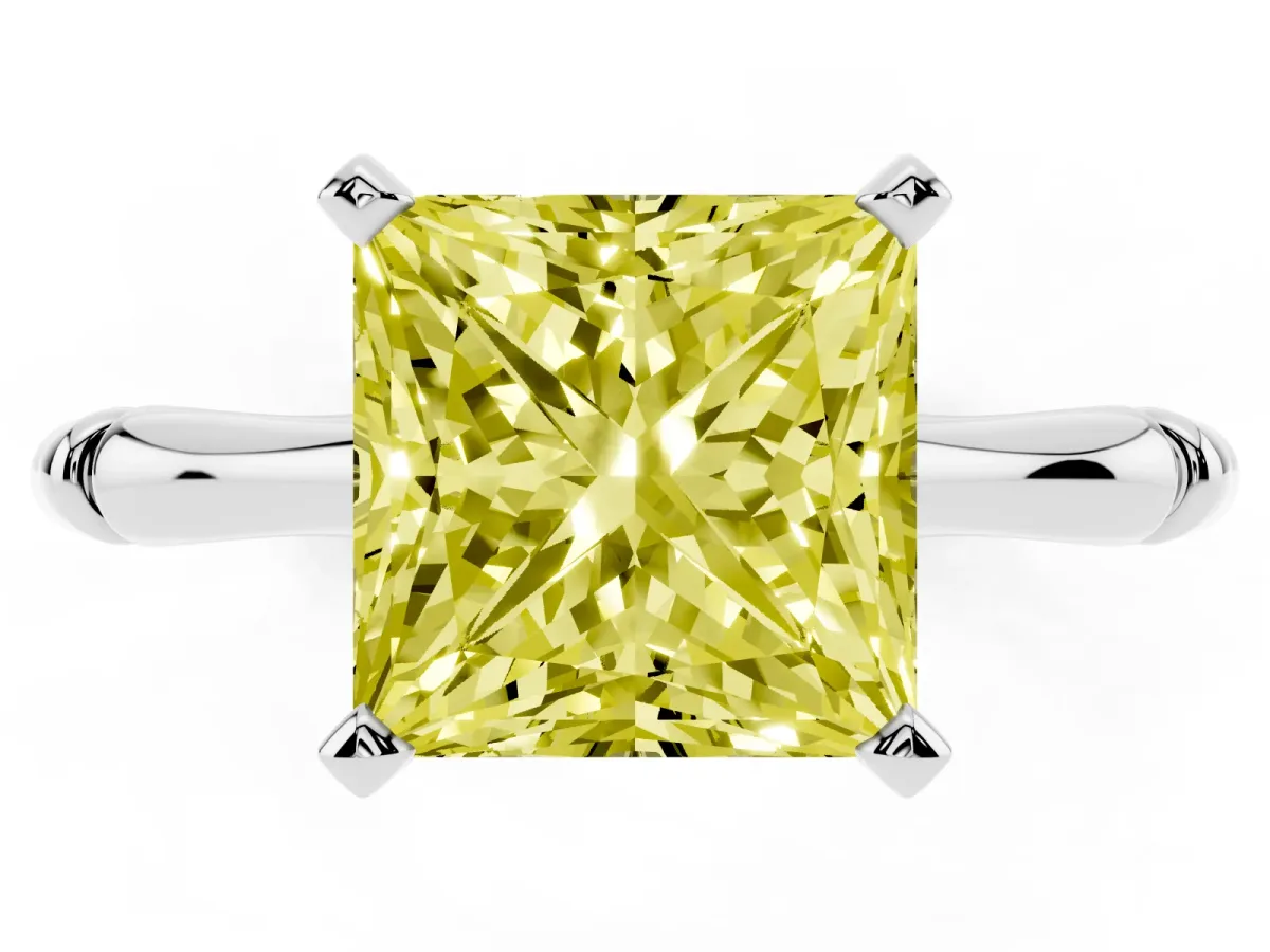 Fancy Yellow Princess Cut Solitaire Diamond Ring with Bamboo Band and Four-Prong Setting Silver