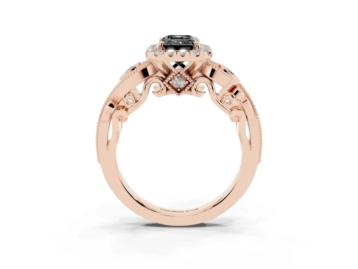 Fancy Black Emerald Cut Halo Diamond Ring with Milgrain and Bezel Accents on a Split Shank Band Rose gold