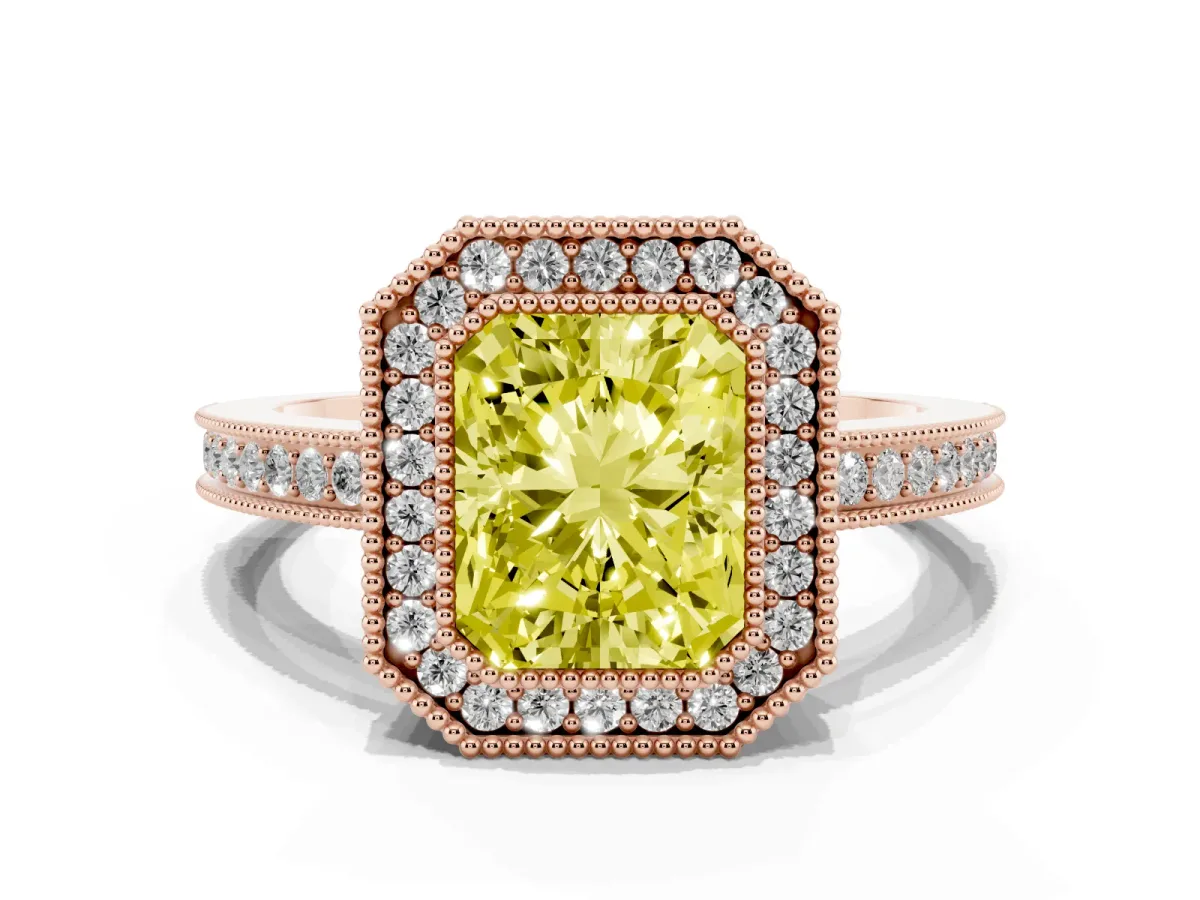 Fancy Yellow Radiant Cut Cut Halo Diamond Ring with Pavé Band and Milgrain Prong Setting Rose gold