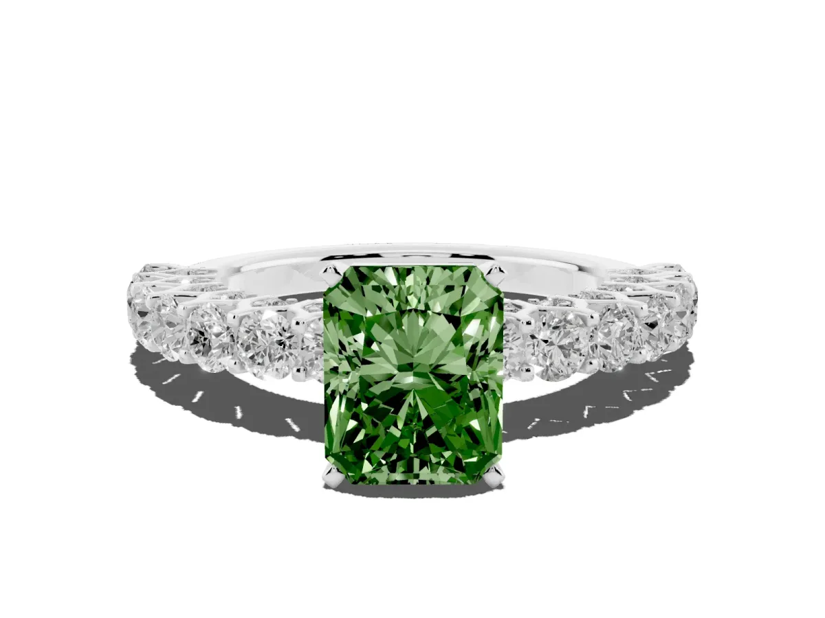 Fancy Green Radiant Cut Diamond Solitaire Ring with Shared Prong Pavé Band and Four-Prong Setting Silver