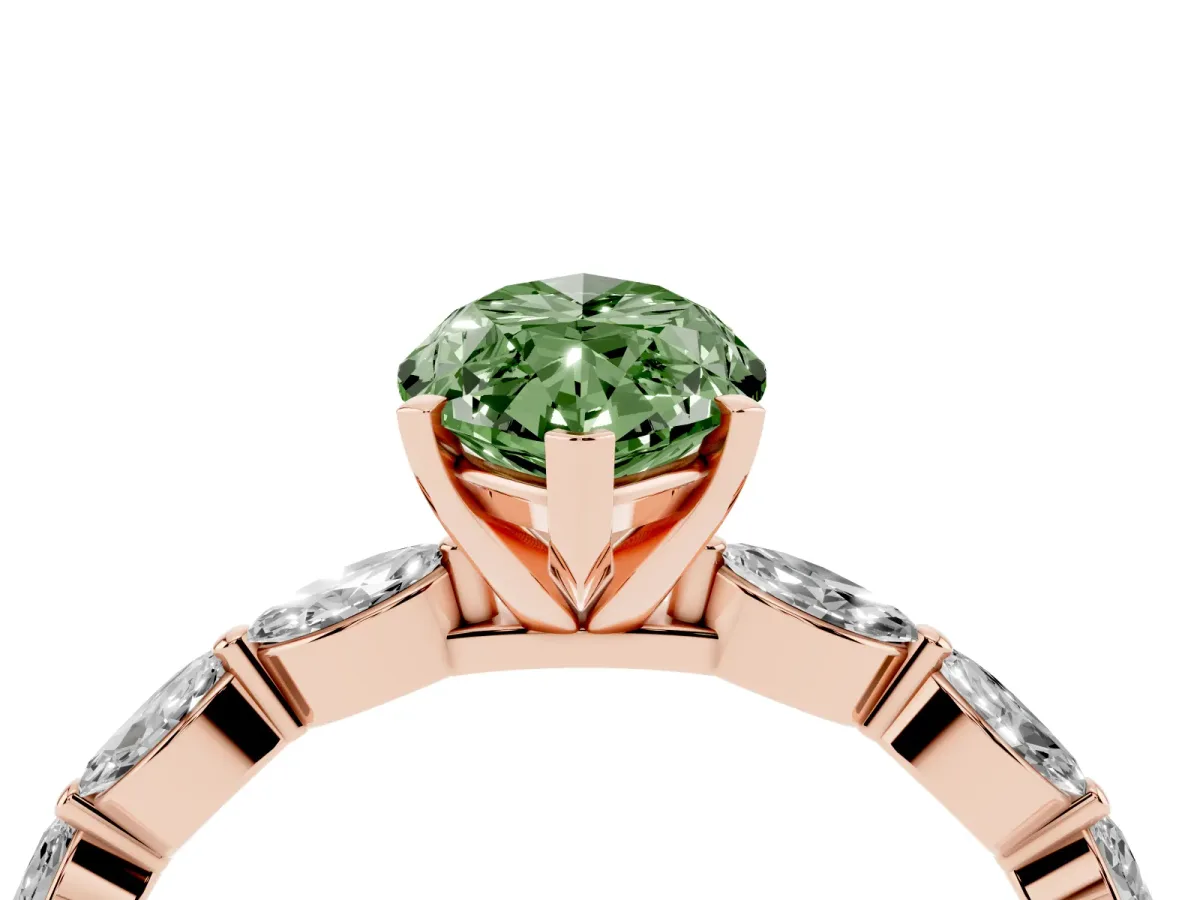 Fancy Green Marquise Cut Diamond Ring with Marquise Side Stones and Prong Setting Rose gold